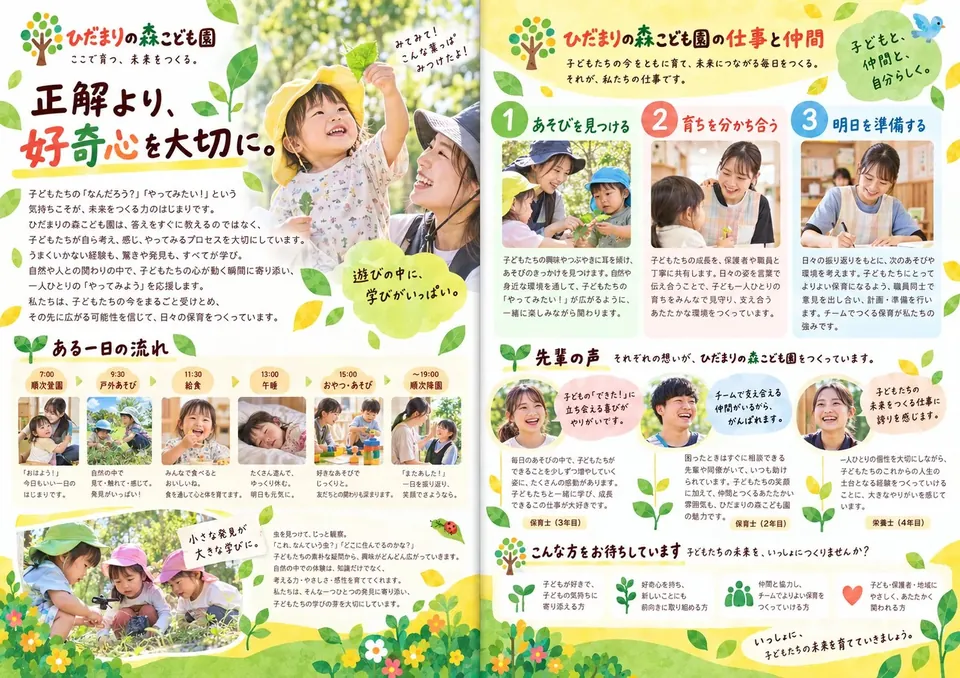 ひだまりの森こども園 採用パンフレットの中面2ページ